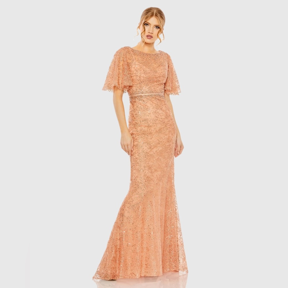 NWT $698 MAC DUGGAL Embellished Neck Butterfly Sleeve Trumpet Gown dress 20368